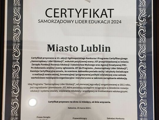 Certyfikat Samorządowy Lider Edukacji po raz 13. dla Lublina