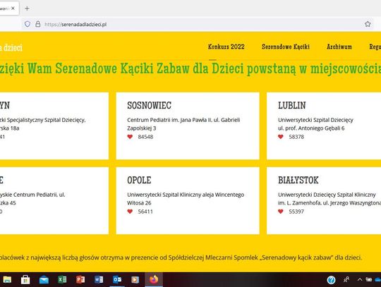 Internauci wybrali szpitale, gdzie powstaną „Serenadowe kąciki zabaw”