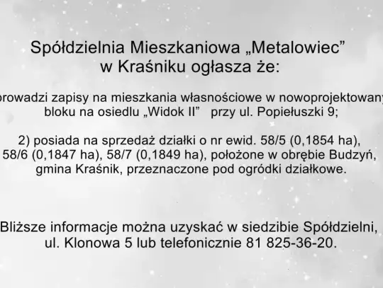 Spółdzielnia Mieszkaniowa „Metalowiec” w Kraśniku - ogłoszenie