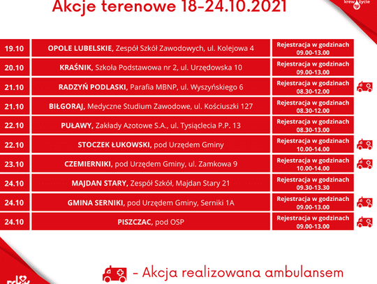Zaproszenie na terenowe akcje poboru krwi