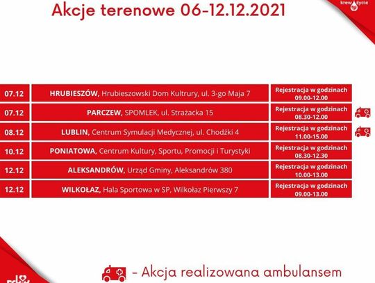 Zaproszenie na terenowe akcje poboru krwi