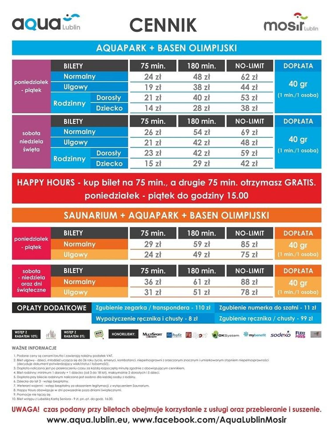 Nowe cenniki obiektów basenowych * Nowe cenniki obiektów basenowych *