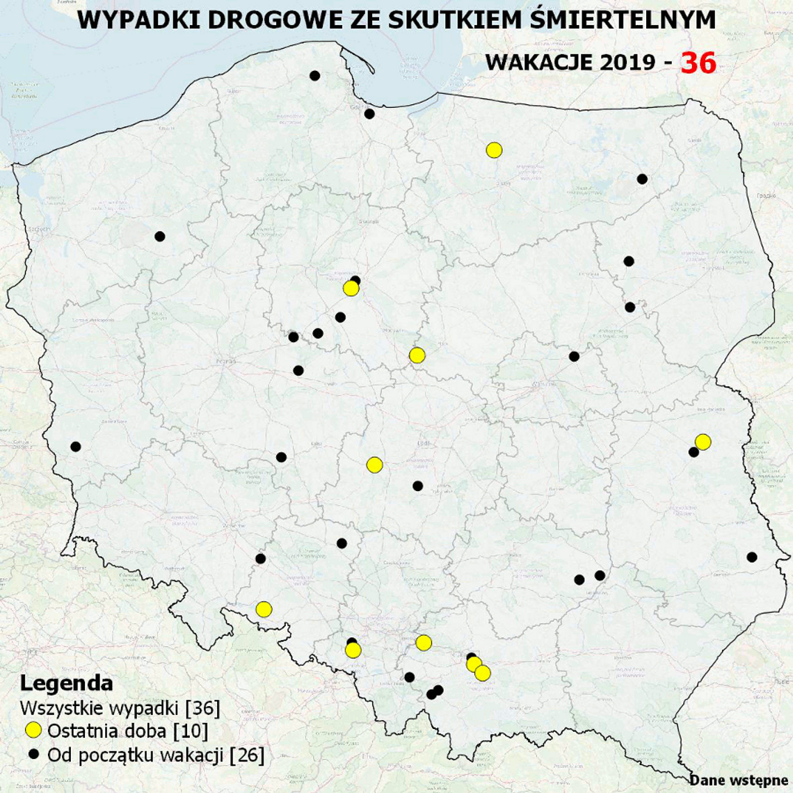 Policja informuje. Mapa wypadków drogowych ze skutkiem śmiertelnym – WAKACJE 2019