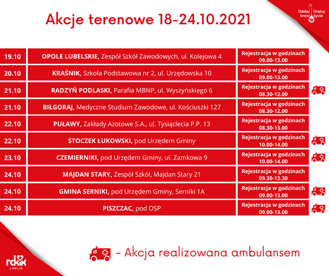 Zaproszenie na terenowe akcje poboru krwi